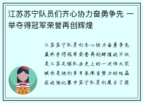 江苏苏宁队员们齐心协力奋勇争先 一举夺得冠军荣誉再创辉煌