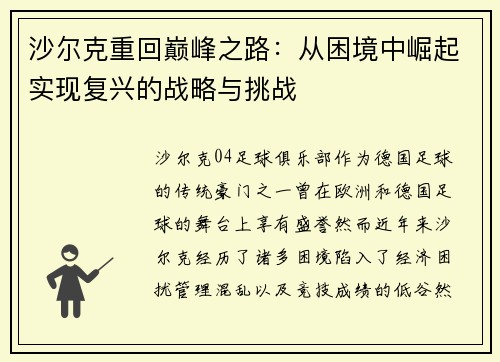 沙尔克重回巅峰之路：从困境中崛起实现复兴的战略与挑战