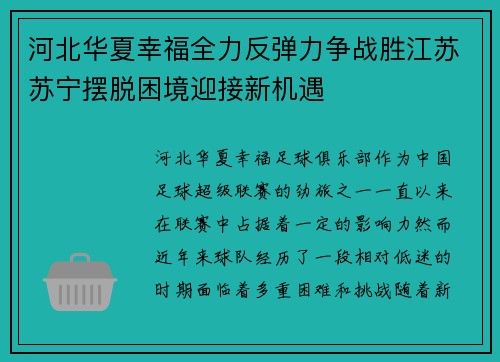 河北华夏幸福全力反弹力争战胜江苏苏宁摆脱困境迎接新机遇