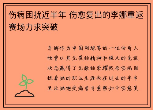 伤病困扰近半年 伤愈复出的李娜重返赛场力求突破