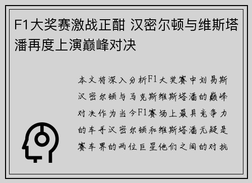F1大奖赛激战正酣 汉密尔顿与维斯塔潘再度上演巅峰对决